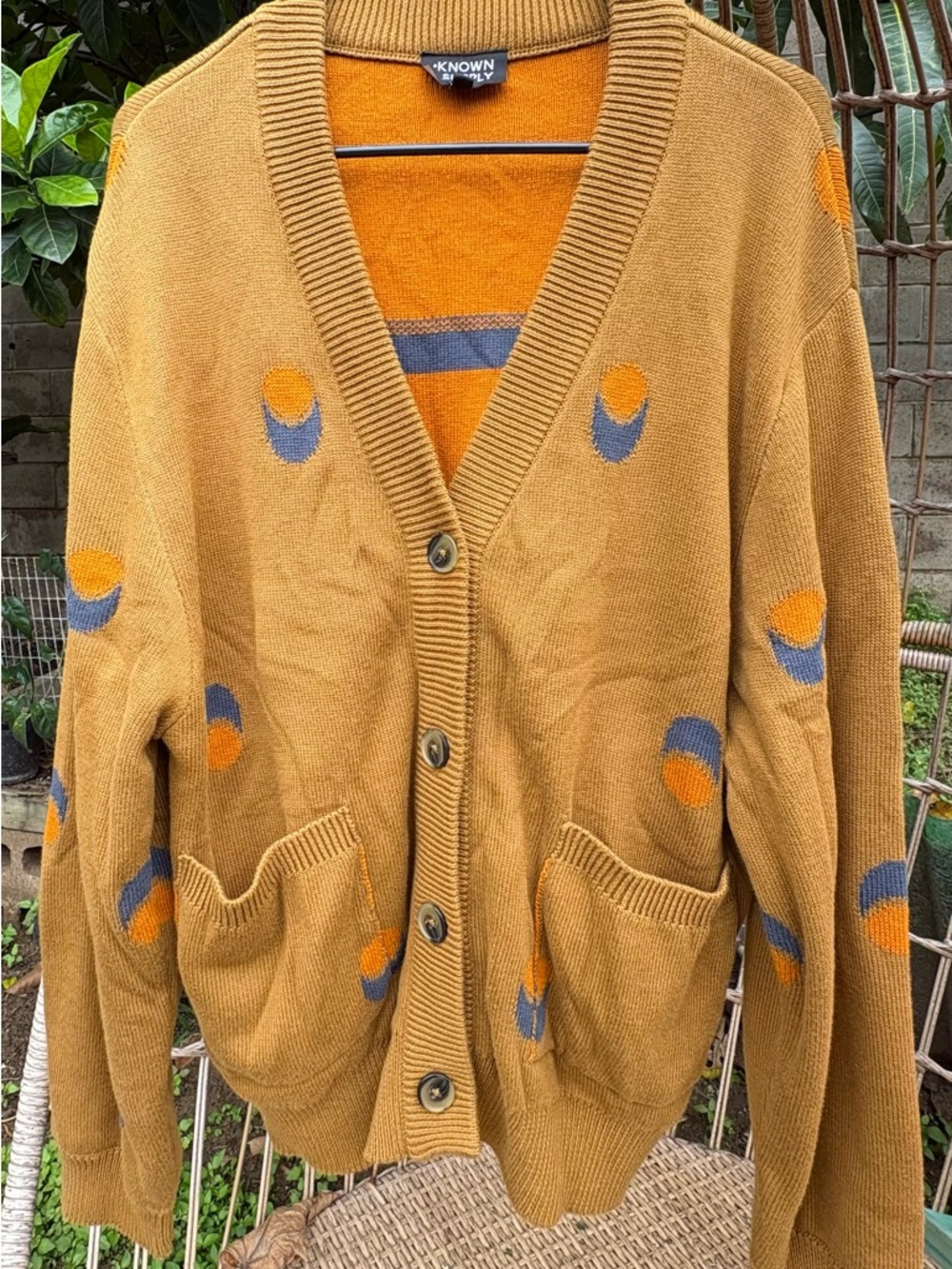 Known Supply Women's Mustard Dot-Pattern Cardigan Sweater